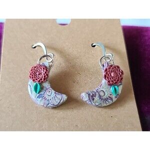 Polymer Clay Cresent Floral Moon Shaped Dangling Pierced Earrings New